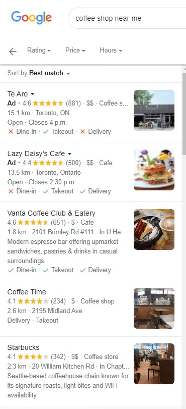 google map results of coffee shops near me