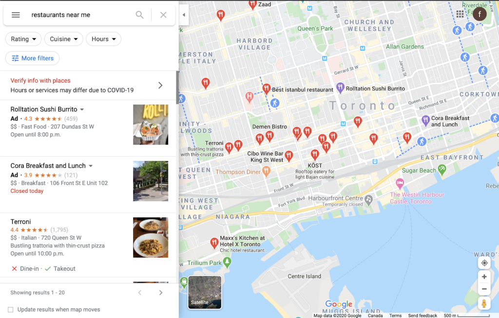 google maps search results