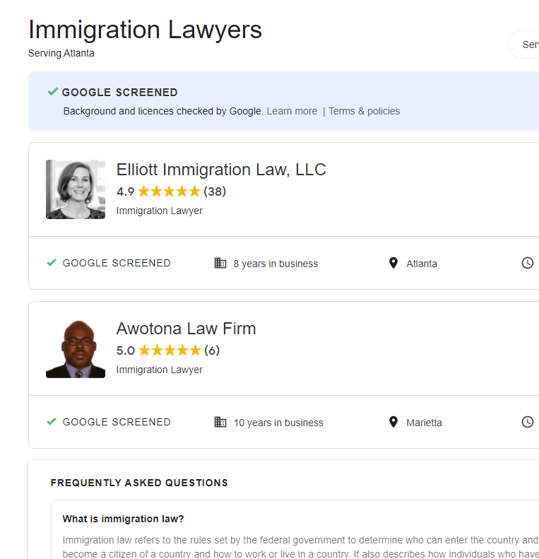 google screened for immigration lawyers