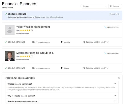 google screened for financial planners